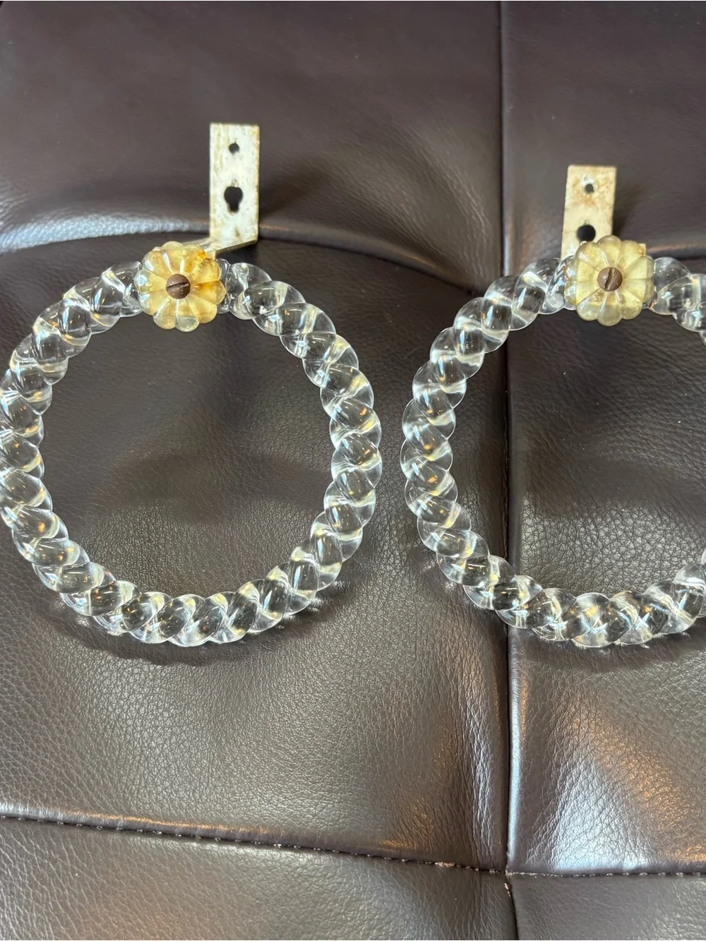 Set of 4 Vintage Clear Glass Ring Curtain Tiebacks with Floral Accent